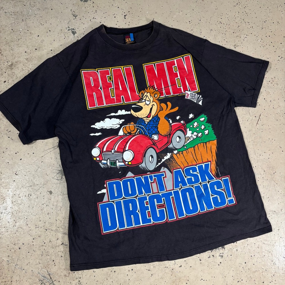 Vintage 90s Sun Sportswear Real‎ Men Don't Ask Directions Black T-Shirt Size XL